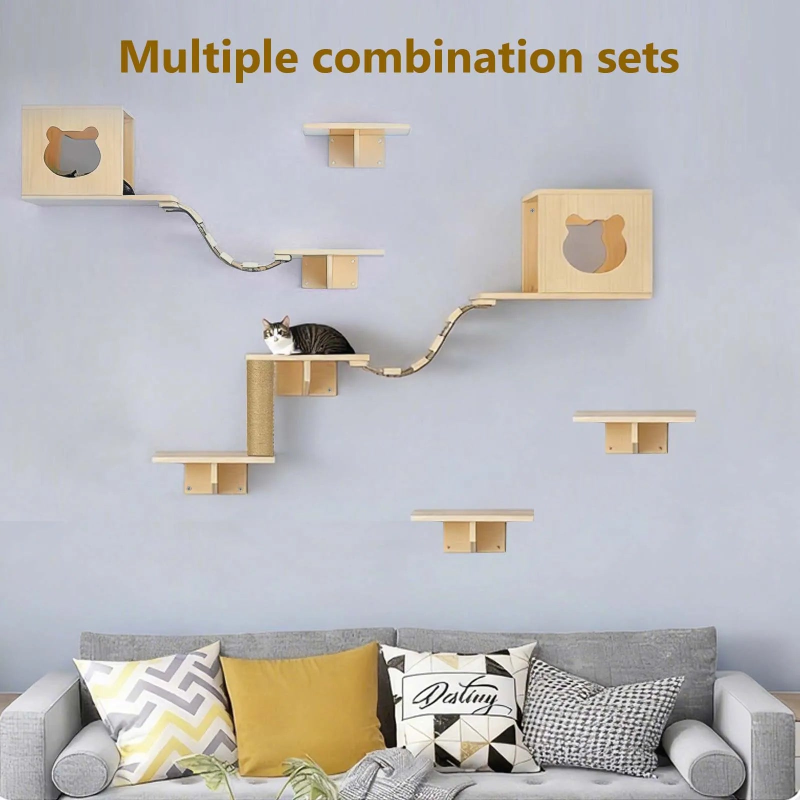 Cat Climbing Frame Wooden Wall Shelves with Bridge Ladder Cat Furniture Climbing Tree Cats Activity Space Cat Bed Sisal Pillar