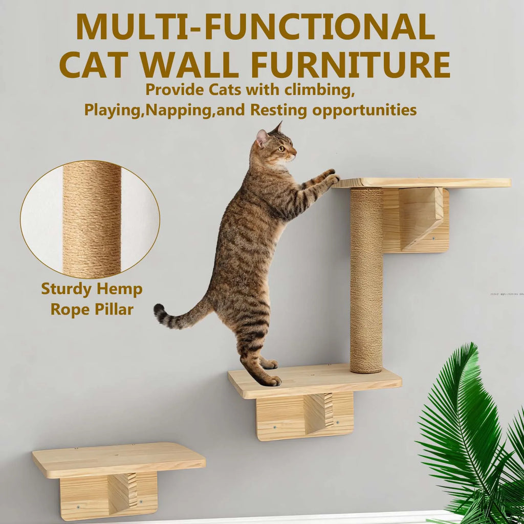 Cat Climbing Frame Wooden Wall Shelves with Bridge Ladder Cat Furniture Climbing Tree Cats Activity Space Cat Bed Sisal Pillar