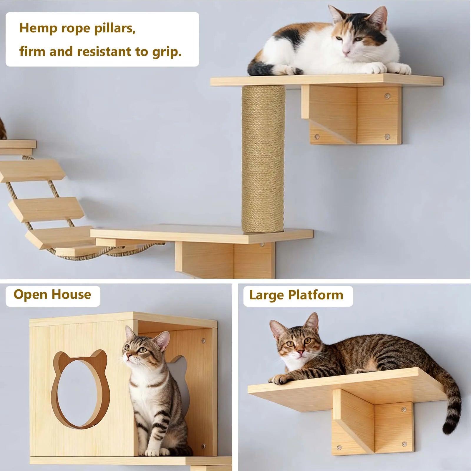 Cat Climbing Frame Wooden Wall Shelves with Bridge Ladder Cat Furniture Climbing Tree Cats Activity Space Cat Bed Sisal Pillar