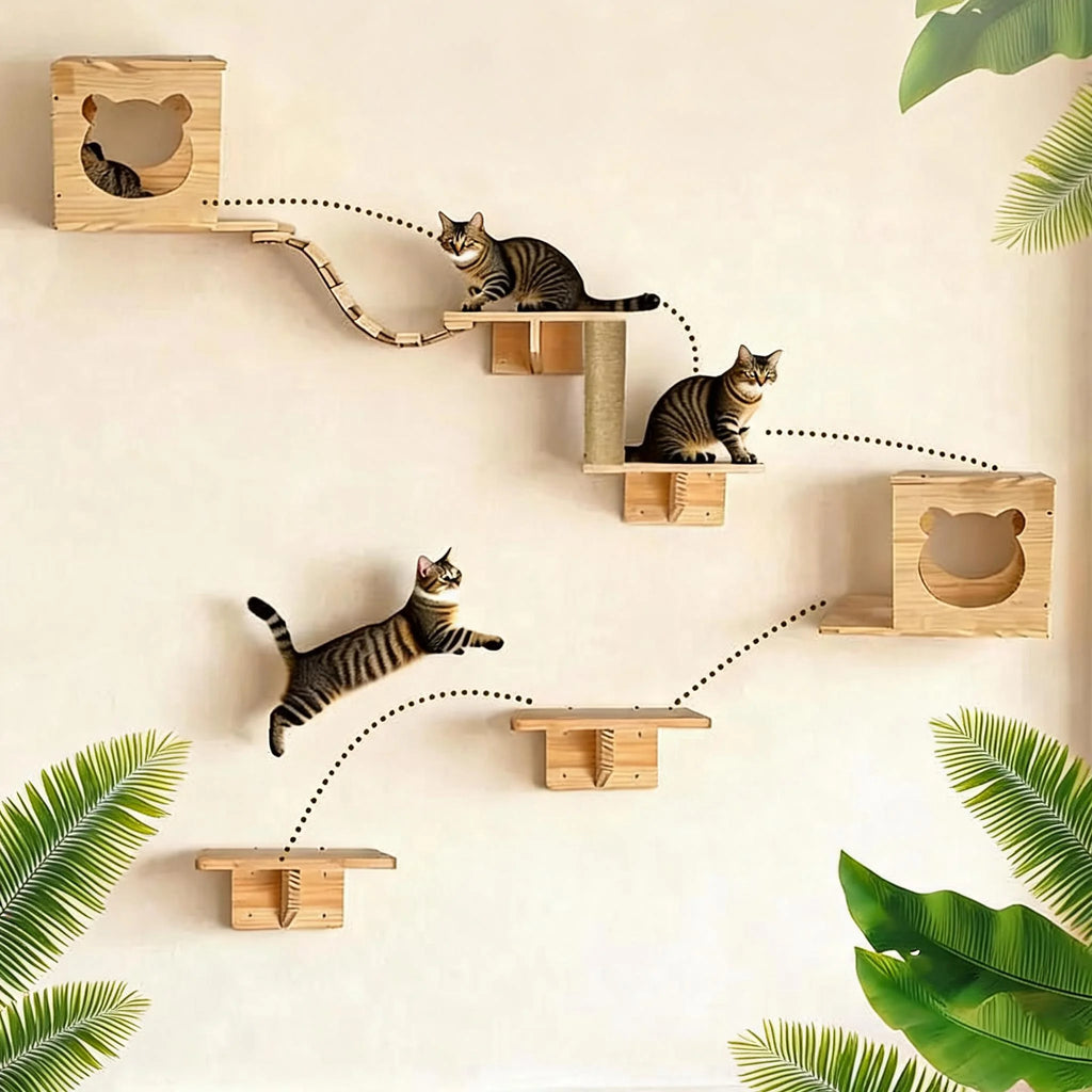 Cat Climbing Frame Wooden Wall Shelves with Bridge Ladder Cat Furniture Climbing Tree Cats Activity Space Cat Bed Sisal Pillar