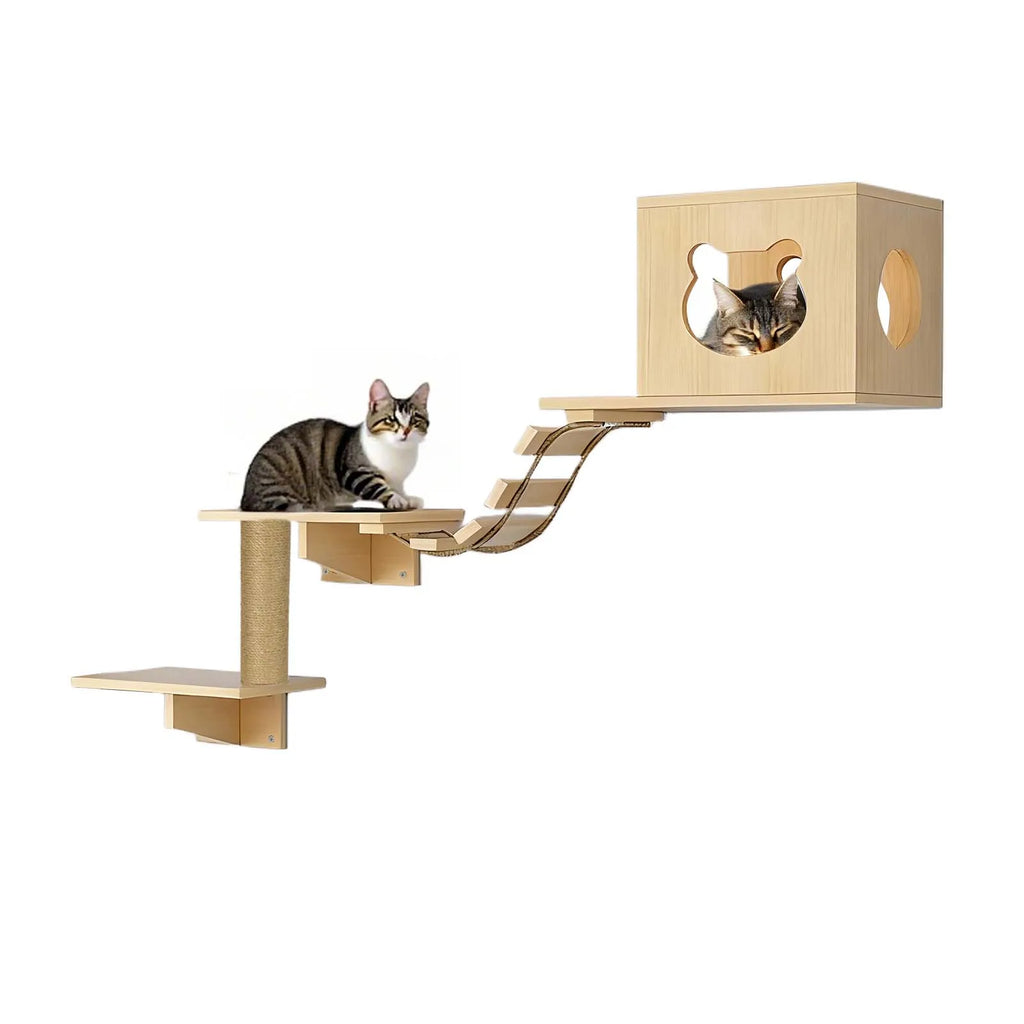 Cat Climbing Frame Wooden Wall Shelves with Bridge Ladder Cat Furniture Climbing Tree Cats Activity Space Cat Bed Sisal Pillar