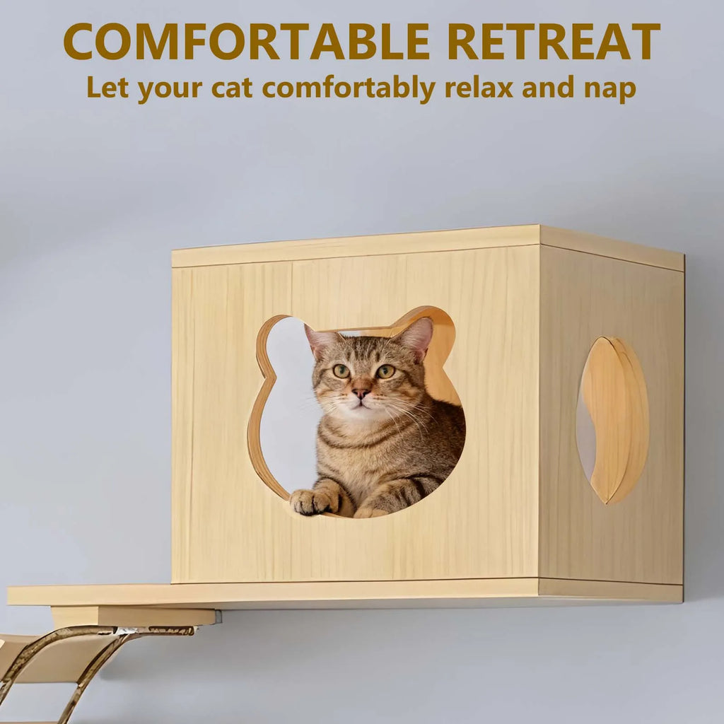Cat Climbing Frame Wooden Wall Shelves with Bridge Ladder Cat Furniture Climbing Tree Cats Activity Space Cat Bed Sisal Pillar