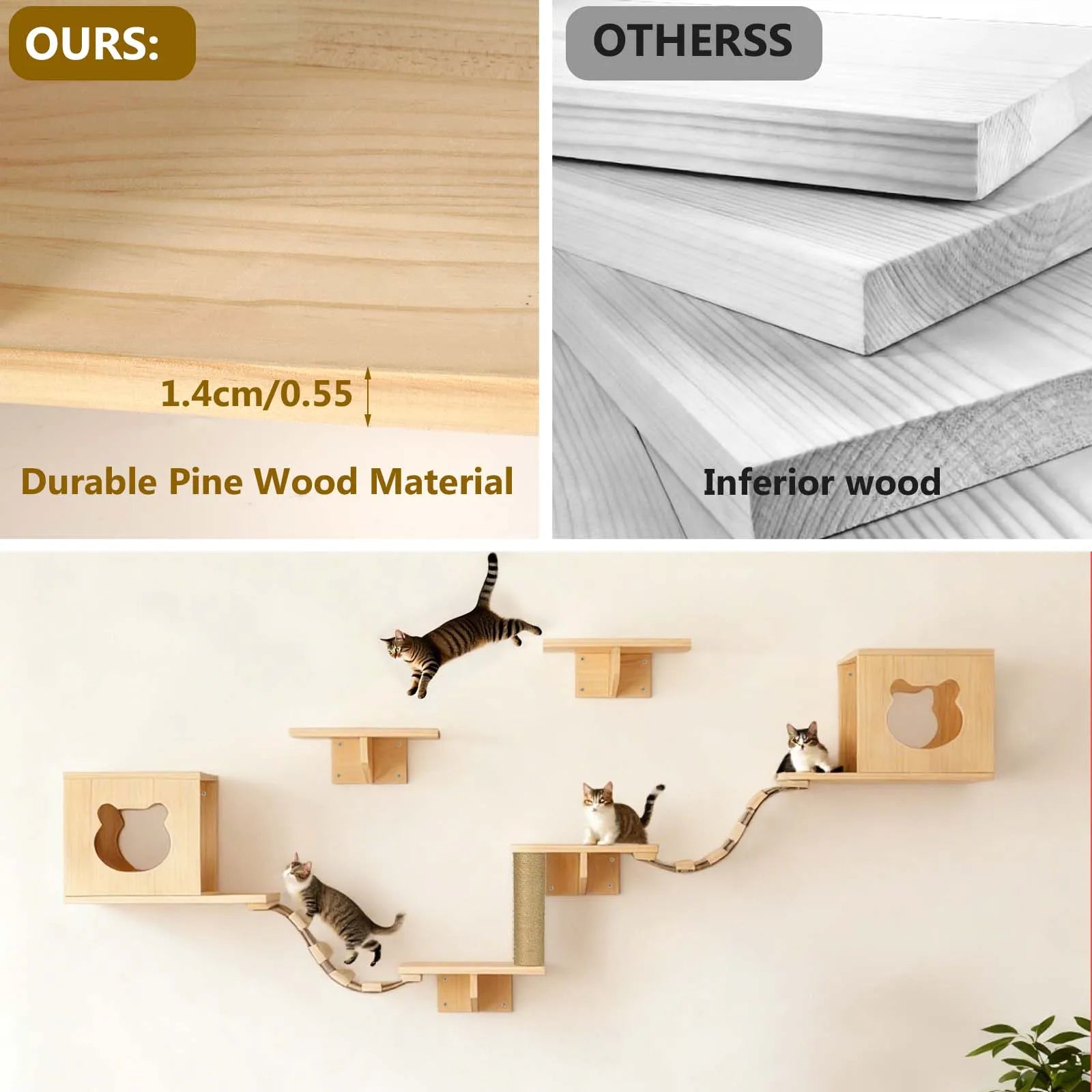 Cat Climbing Frame Wooden Wall Shelves with Bridge Ladder Cat Furniture Climbing Tree Cats Activity Space Cat Bed Sisal Pillar