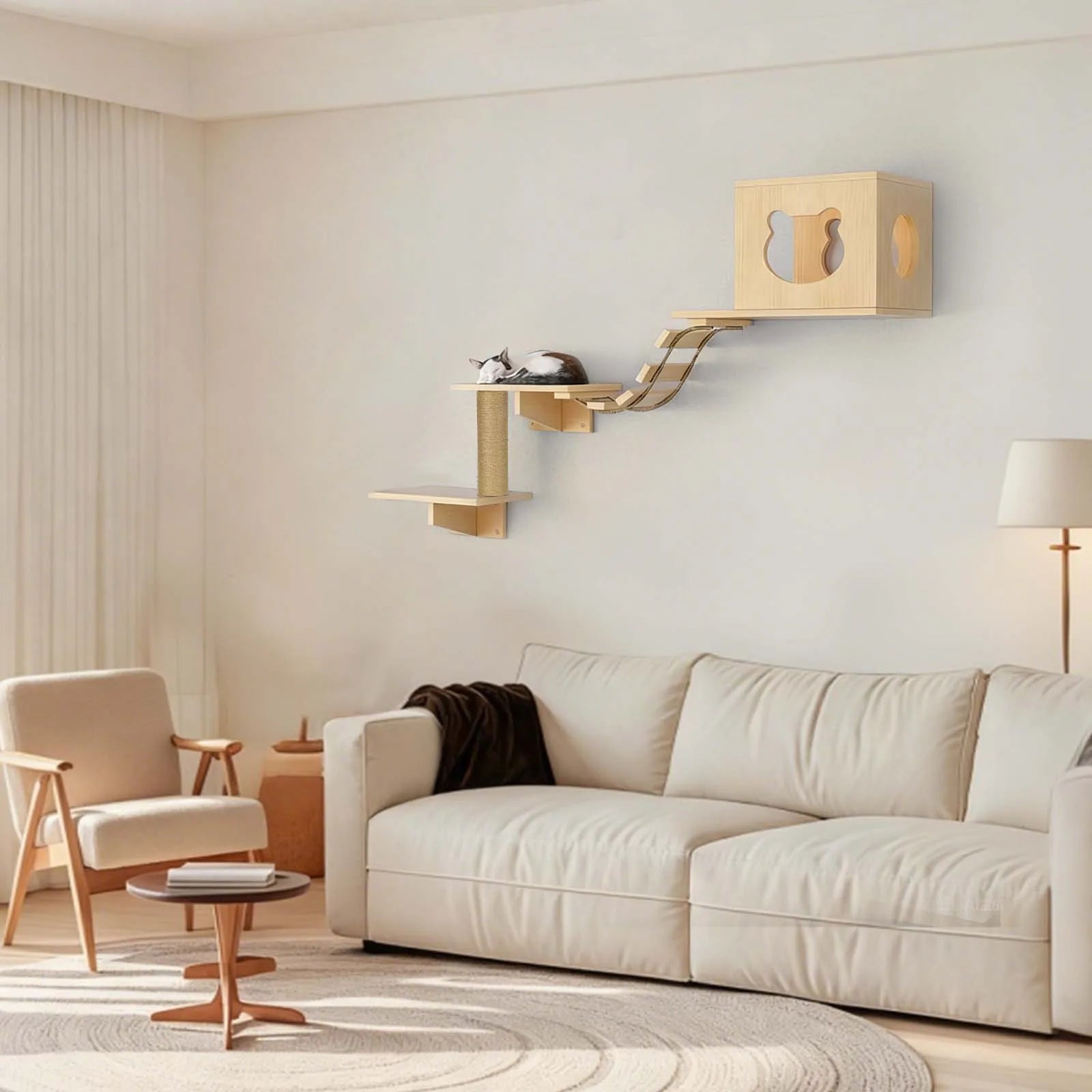 Cat Climbing Frame Wooden Wall Shelves with Bridge Ladder Cat Furniture Climbing Tree Cats Activity Space Cat Bed Sisal Pillar