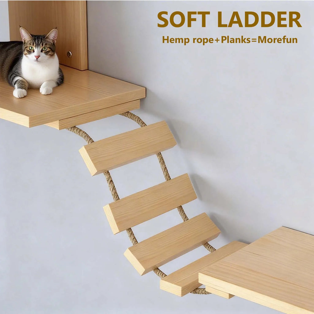 Cat Climbing Frame Wooden Wall Shelves with Bridge Ladder Cat Furniture Climbing Tree Cats Activity Space Cat Bed Sisal Pillar