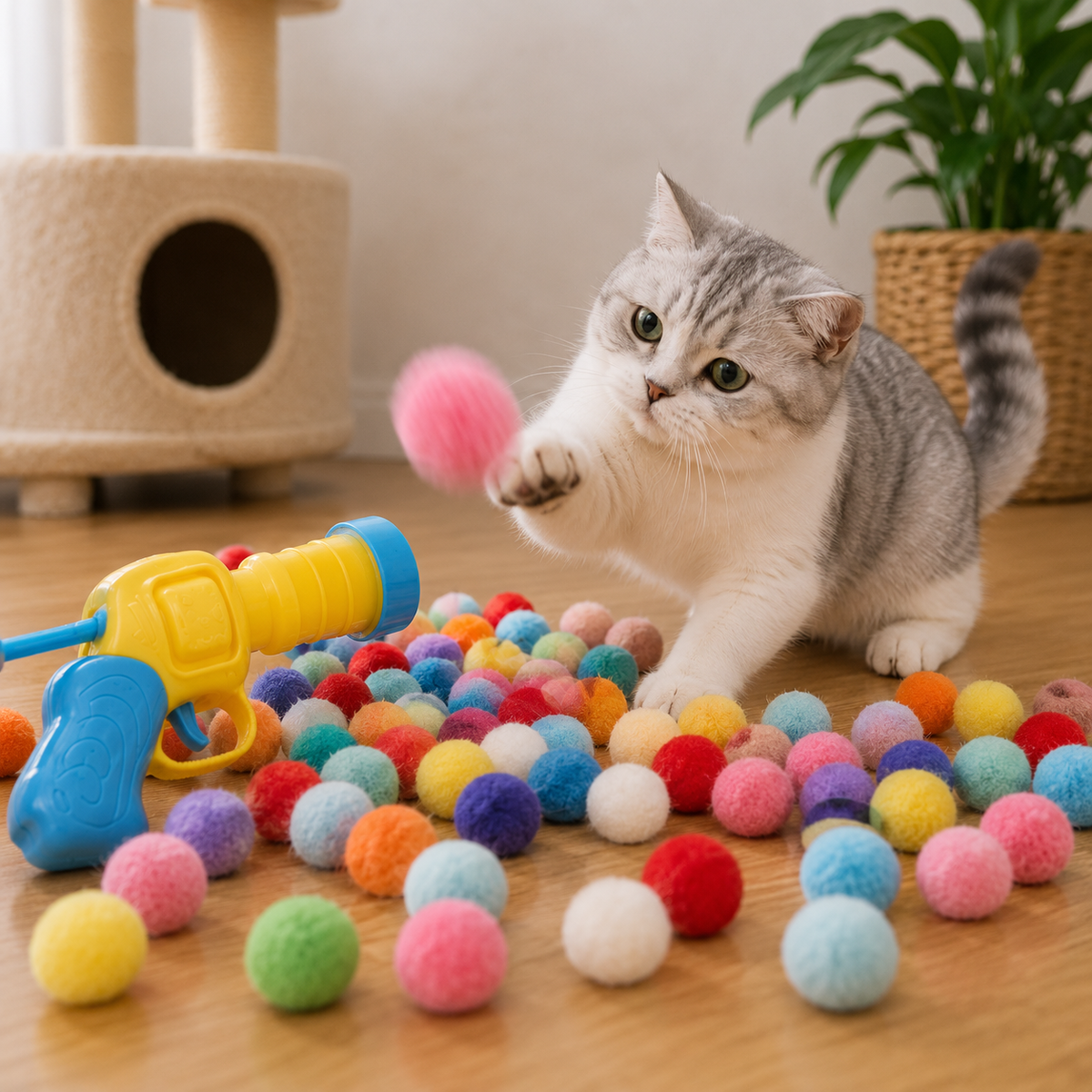 Jouet pour Chat Pistolet Lanceur de Balles Peluche Silencieux