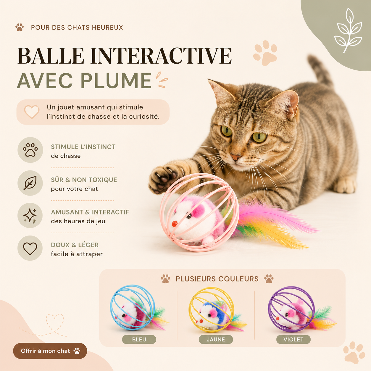 Jouet pour Chat Souris Cage Balle Plumes Interactif