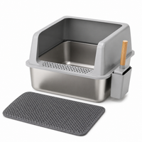 Large Stainless Steel Cat Litter Box High Sided Open Litter Pan with Litter Mat and Scoop for Big Cats Toilets