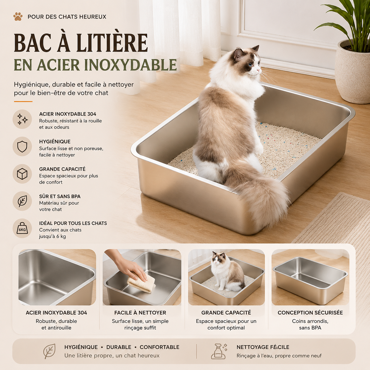 New Stainless Steel Cat Litter Box Easy To Clean High Sided Cat Toilet Large Capacity Pet Toilet Supplies Cat