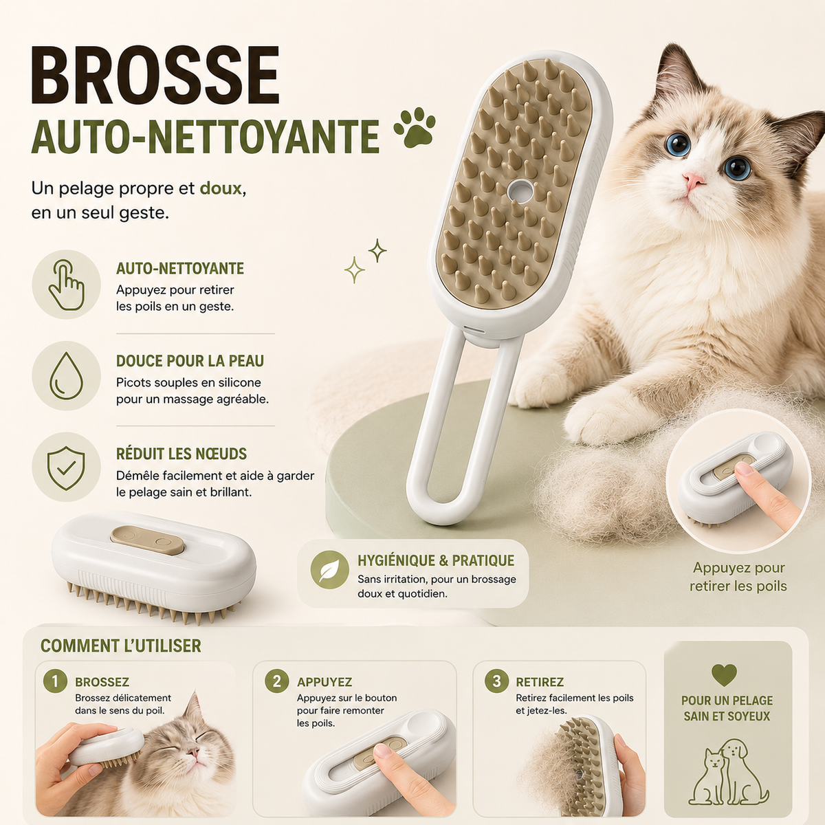 3 in 1 One Button Steam Spray Pet Brush Foldable Rotatable Massage Brush for Cat Dog Hair Removal Bath Floating Hair Grooming