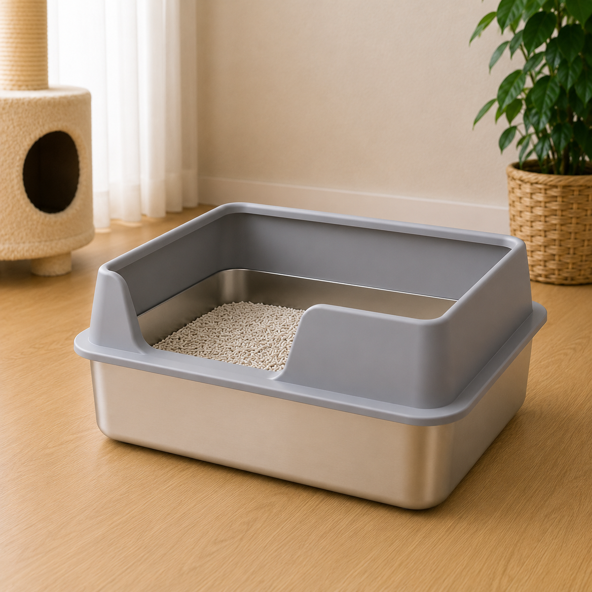Extra Large Stainless Steel Cat Litter Box with High Wall Enclosure Non-Stick Leak Proof Easy to Clean Includes Lid