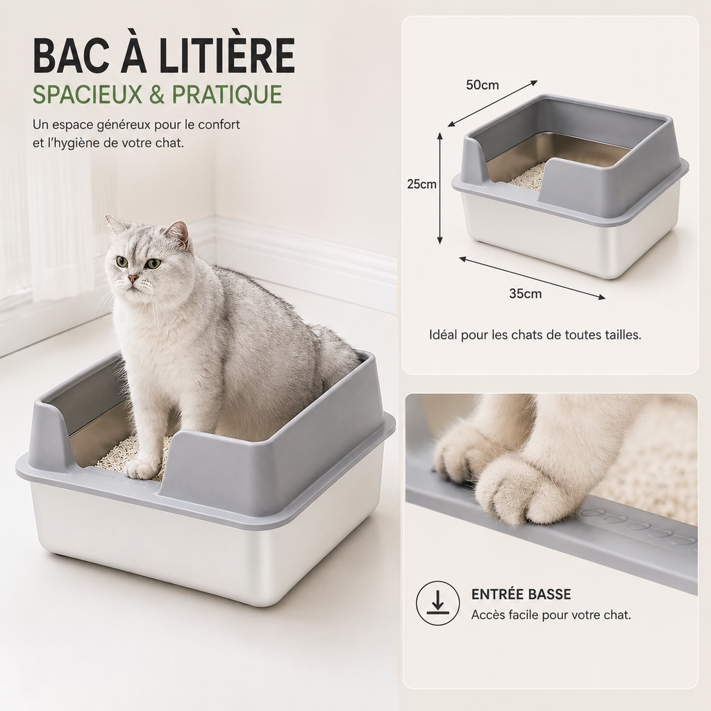 Extra Large Stainless Steel Cat Litter Box with High Wall Enclosure Non-Stick Leak Proof Easy to Clean Includes Lid