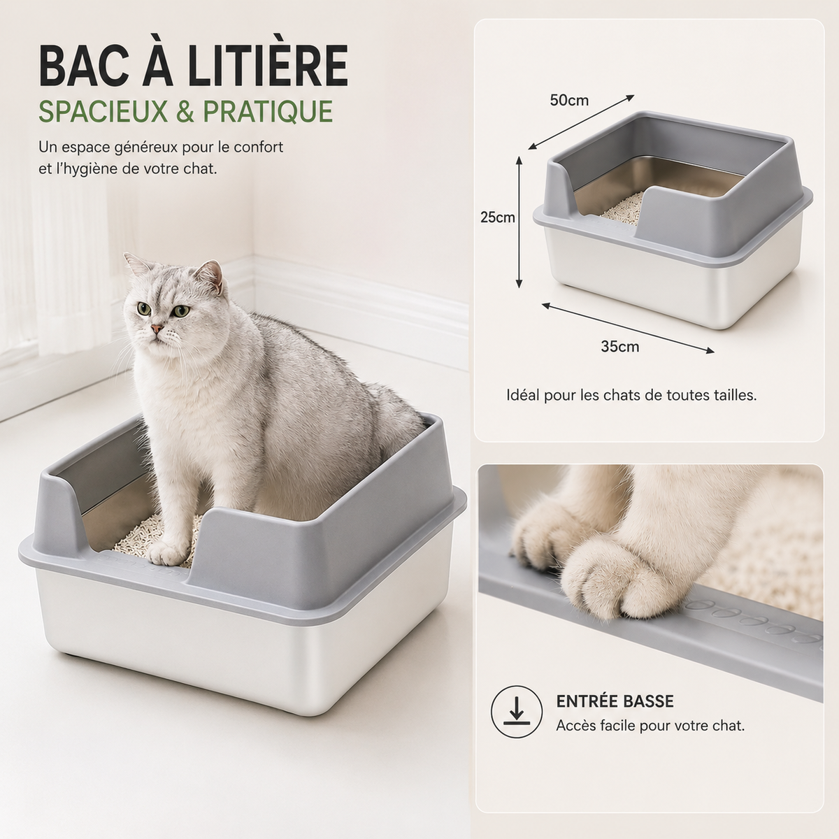 Extra Large Stainless Steel Cat Litter Box with High Wall Enclosure Non-Stick Leak Proof Easy to Clean Includes Lid