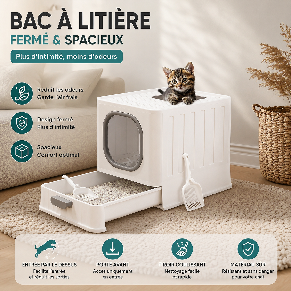 Cat Litter Box with Drawer,Enclosed Plastic Litter Box for Cat with Lid and Scoop,Front & Top Doors,Acrylic Window Little Box
