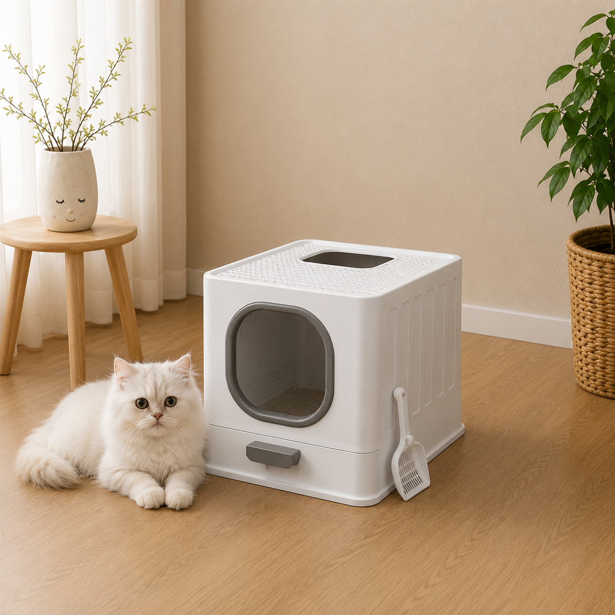 Cat Litter Box with Drawer,Enclosed Plastic Litter Box for Cat with Lid and Scoop,Front & Top Doors,Acrylic Window Little Box