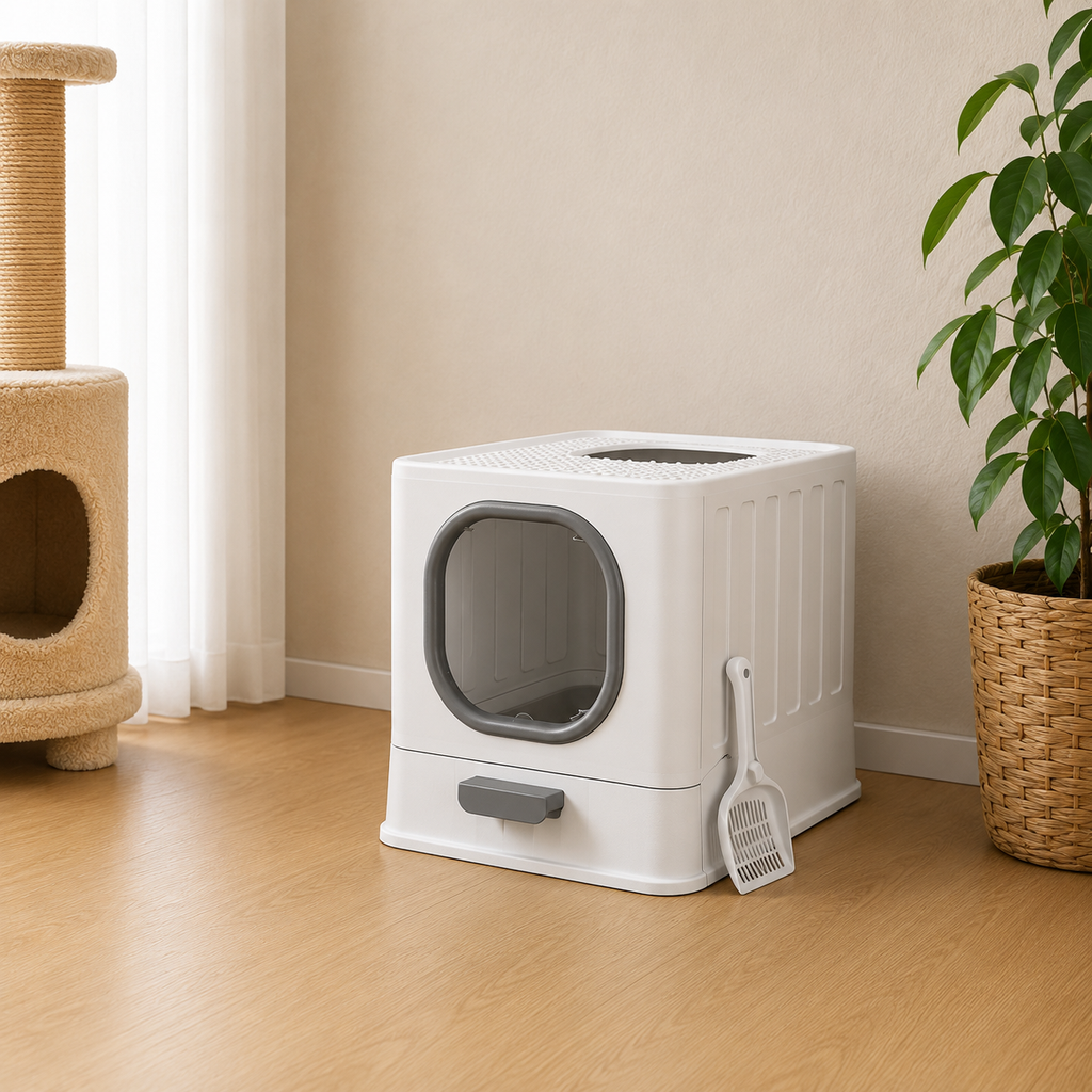 Cat Litter Box with Drawer,Enclosed Plastic Litter Box for Cat with Lid and Scoop,Front & Top Doors,Acrylic Window Little Box