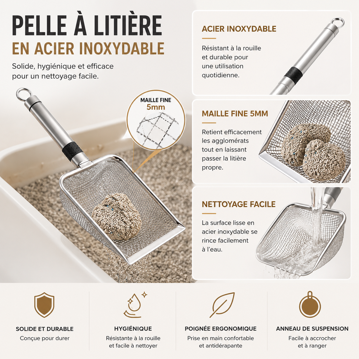 Stainless Steel Cat Litter Scoop – Durable, Easy Clean, Ergonomic Handle, Rust-Resistant, Ideal for Quick Waste Removal