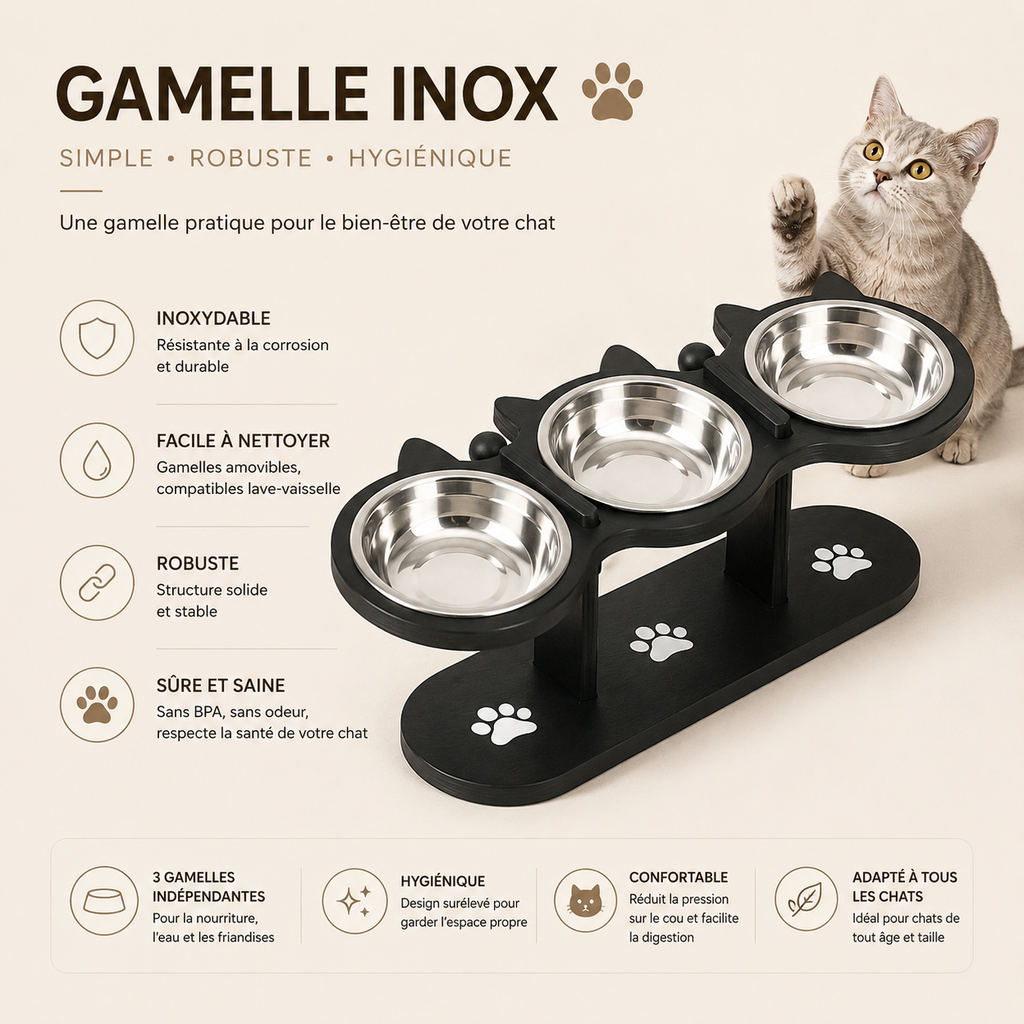 Elevated Cat Food Bowl with Black Wooden Support Frame Stainless Steel Cats Bowls 15° Stand Sloped Feeding & Watering Supplies
