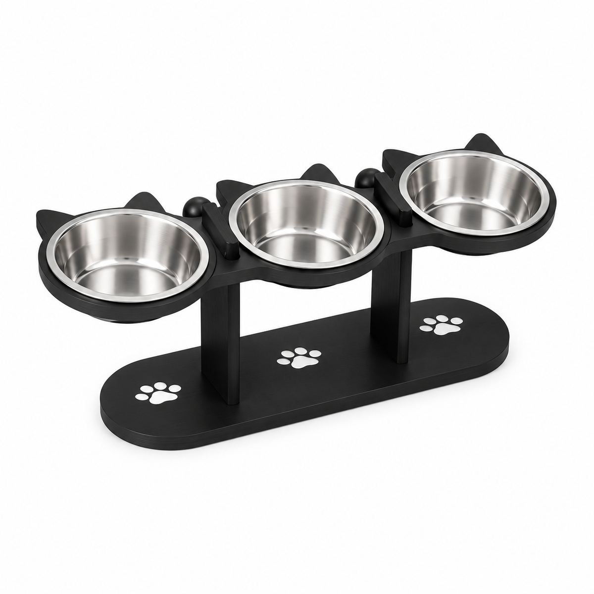 Elevated Cat Food Bowl with Black Wooden Support Frame Stainless Steel Cats Bowls 15° Stand Sloped Feeding & Watering Supplies