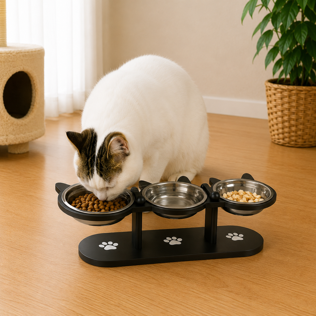 Elevated Cat Food Bowl with Black Wooden Support Frame Stainless Steel Cats Bowls 15° Stand Sloped Feeding & Watering Supplies