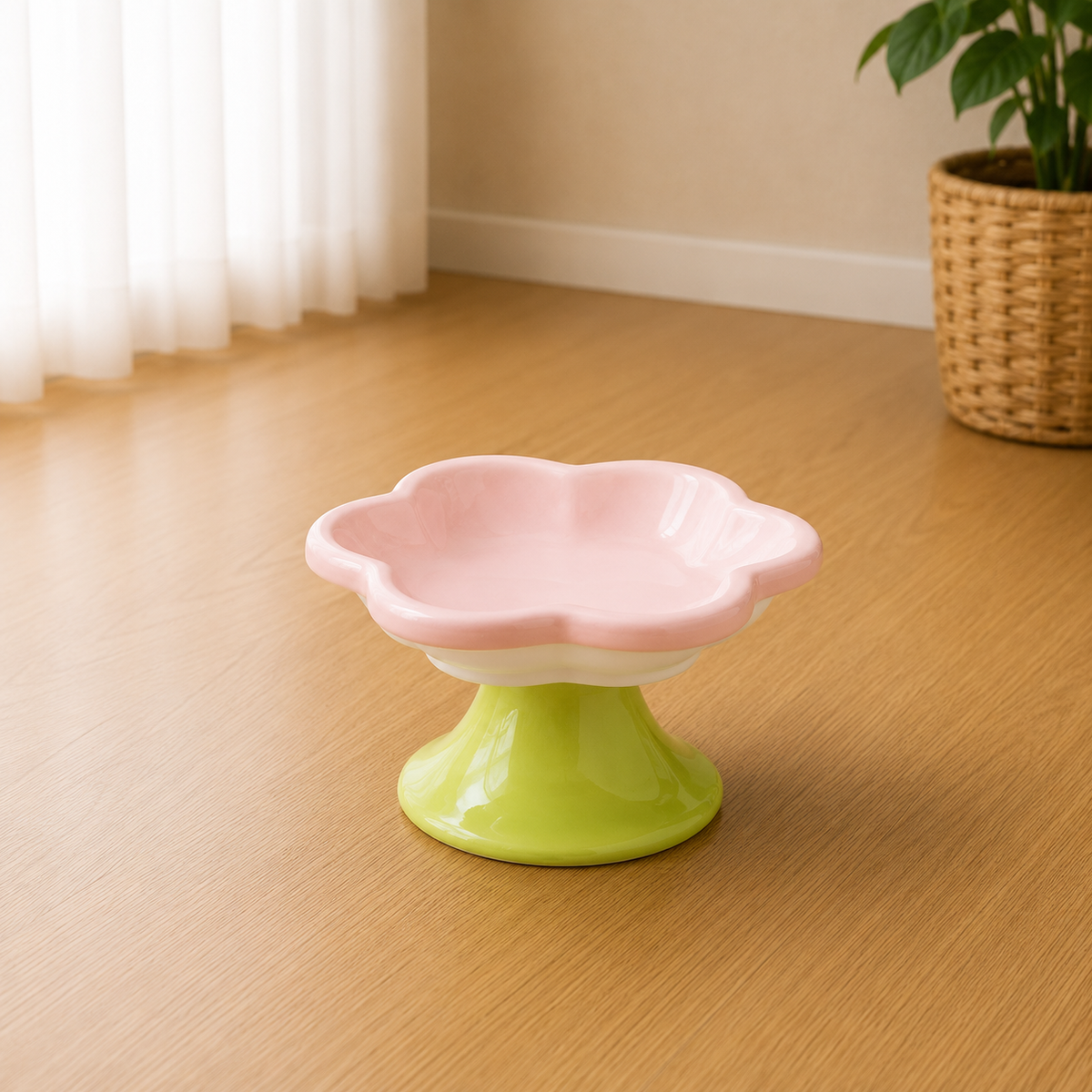 Ceramic Raised Cat Bowl With Flower Design, Elevated Cat Food Bowl Water Plate Snack Dish With Stand For Neck Protection