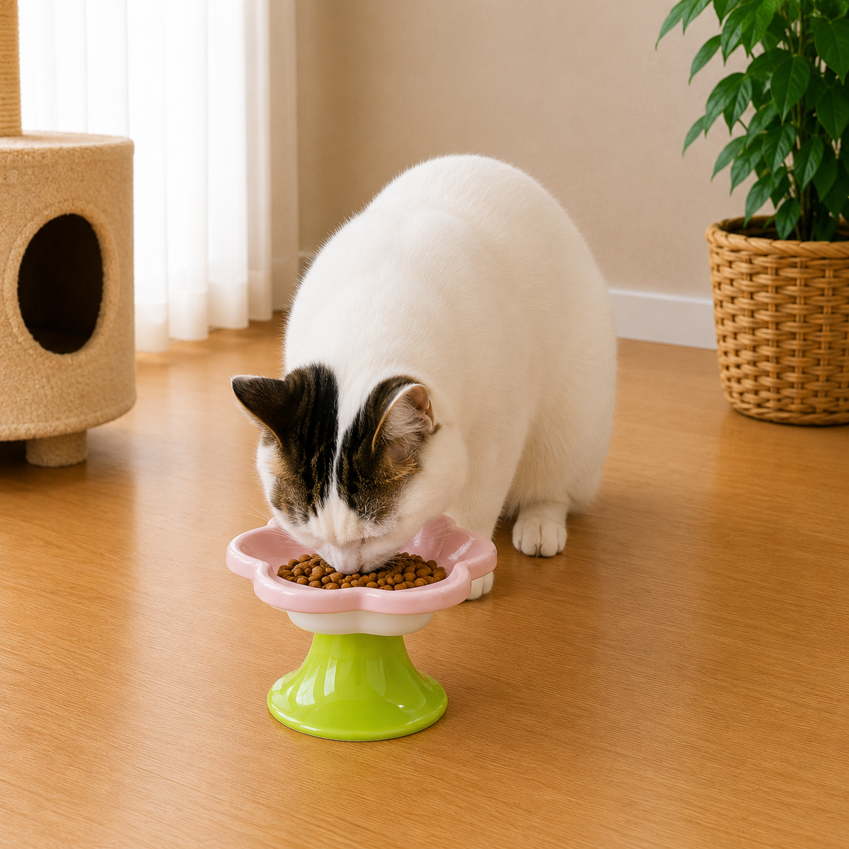 Ceramic Raised Cat Bowl With Flower Design, Elevated Cat Food Bowl Water Plate Snack Dish With Stand For Neck Protection