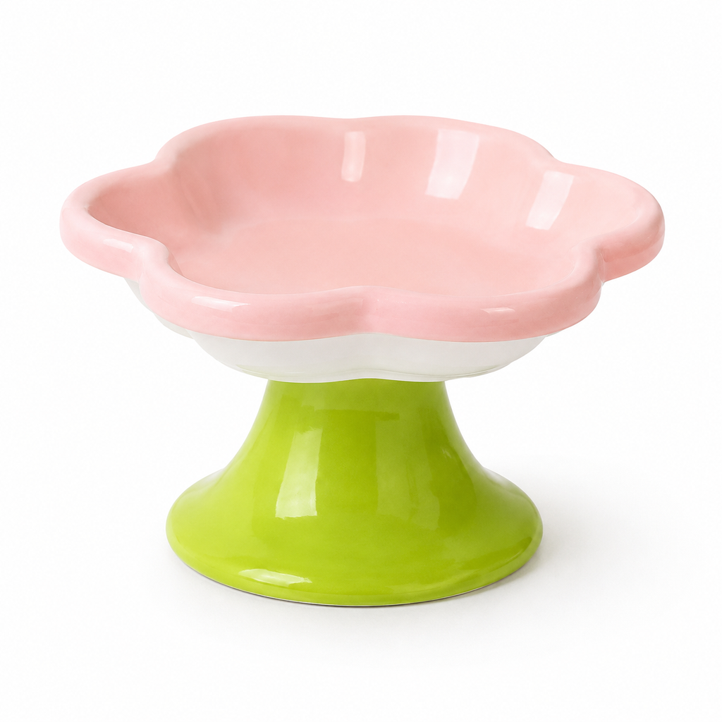 Ceramic Raised Cat Bowl With Flower Design, Elevated Cat Food Bowl Water Plate Snack Dish With Stand For Neck Protection