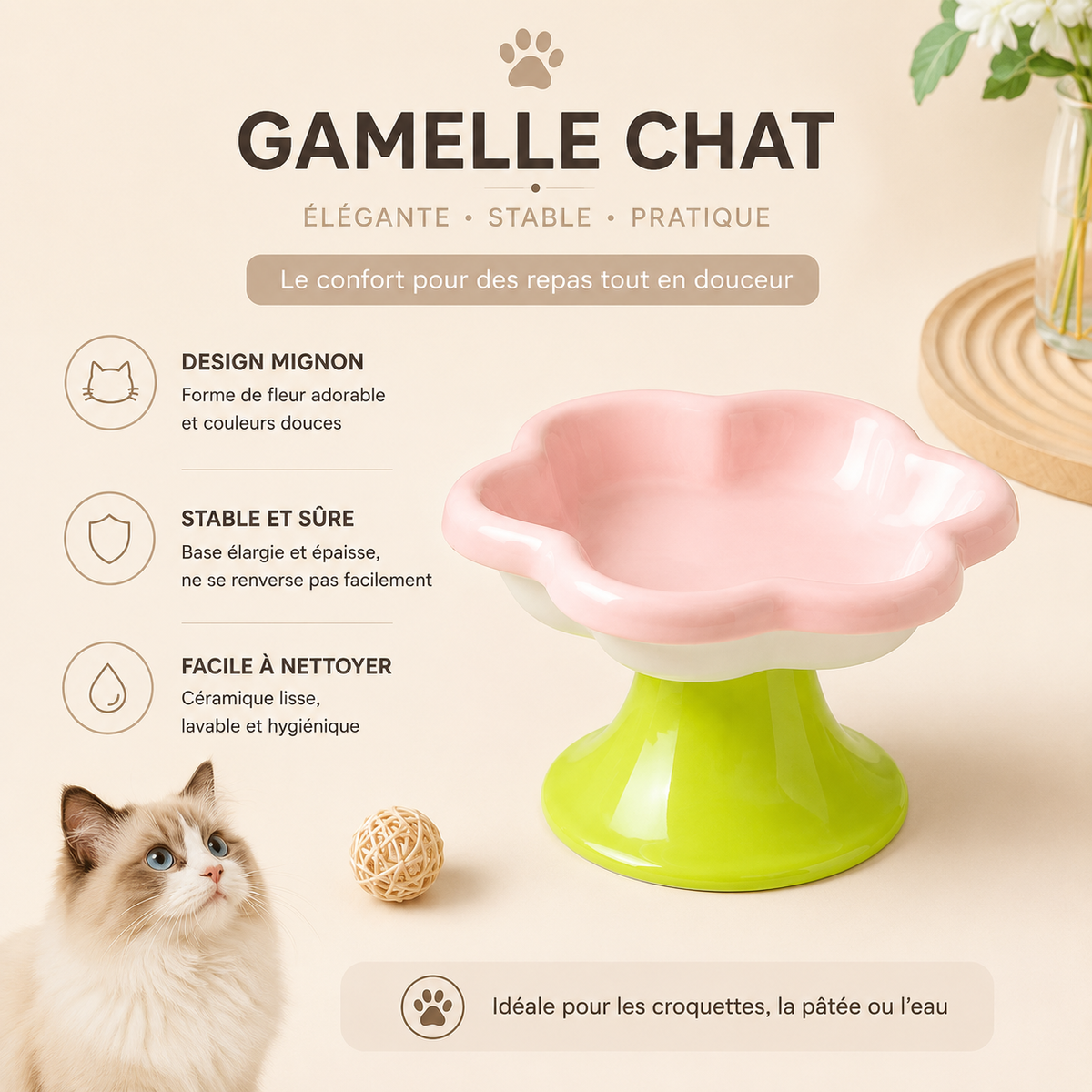Ceramic Raised Cat Bowl With Flower Design, Elevated Cat Food Bowl Water Plate Snack Dish With Stand For Neck Protection