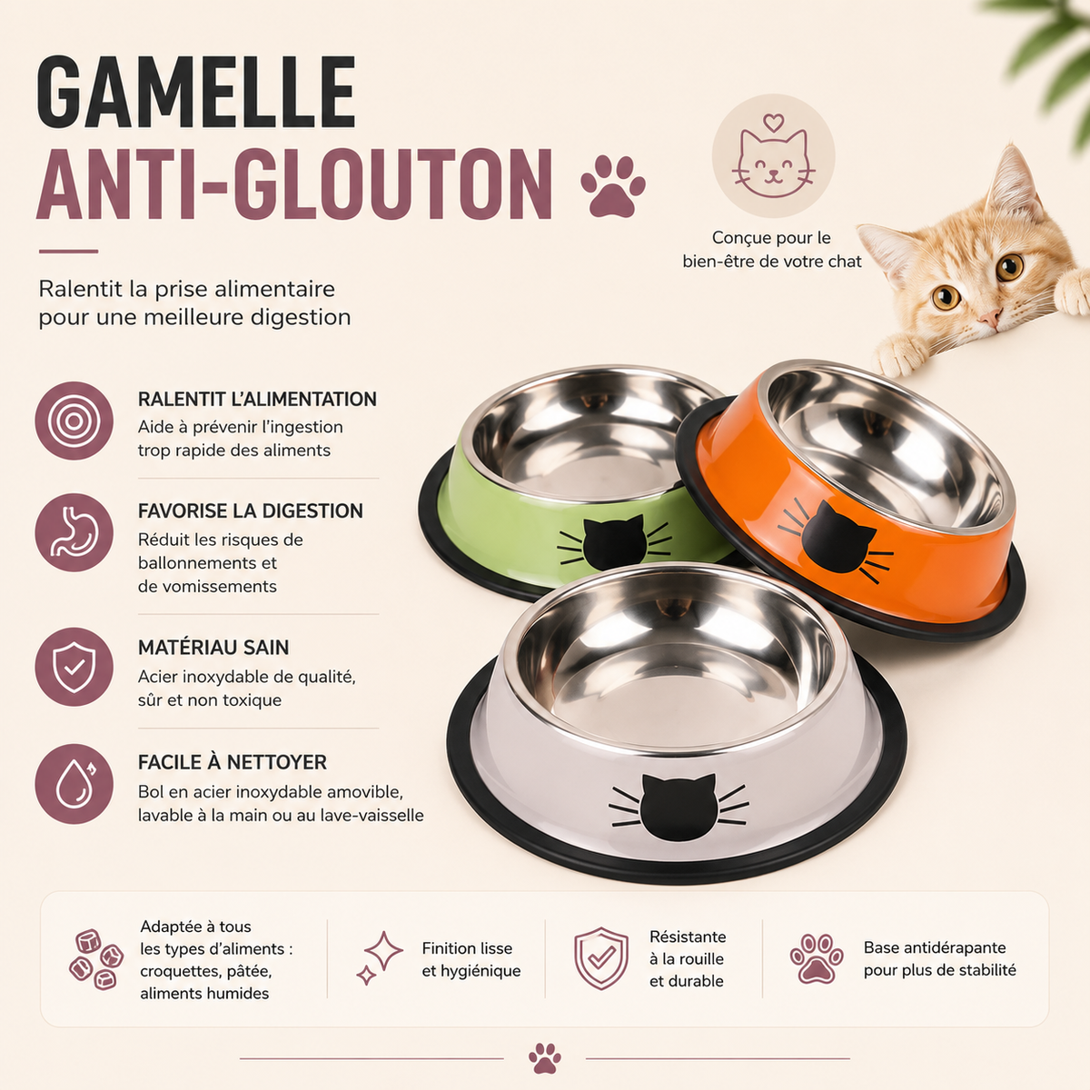 Cat Food Bowl Stainless Steel Kitten Cat Feeder Water Bowl With Non-Slip Rubber Base Small Pet Bowl Cat Accessories Pet Supplies