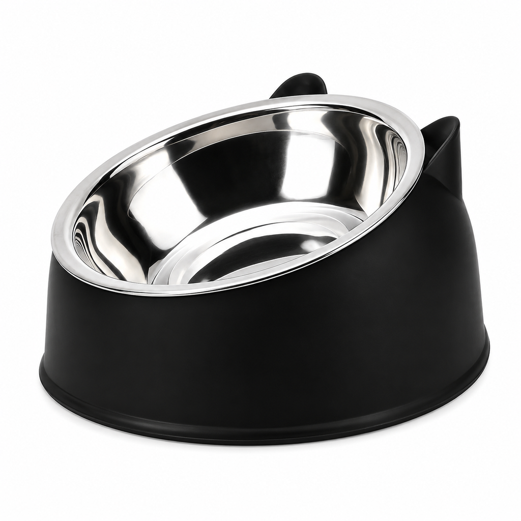 1pc Elevated Stainless Steel Cat Bowl, Inclined Food & Water Dish with Cute Ear Stand, Neck Protection Design for Cats