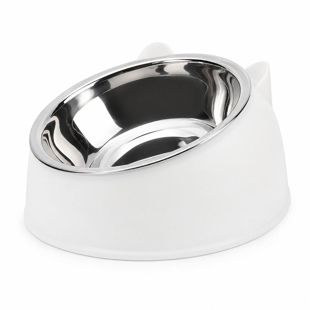 1pc Elevated Stainless Steel Cat Bowl, Inclined Food & Water Dish with Cute Ear Stand, Neck Protection Design for Cats