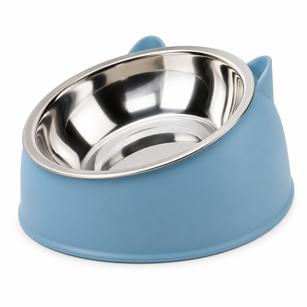 1pc Elevated Stainless Steel Cat Bowl, Inclined Food & Water Dish with Cute Ear Stand, Neck Protection Design for Cats