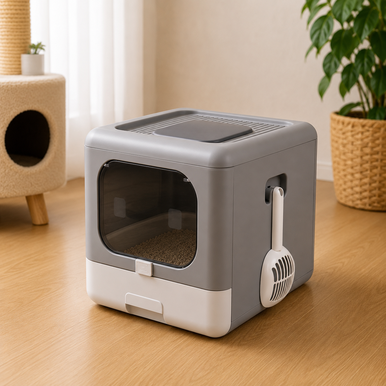 Cat Litter Box with Scoop and Tray Sifting Enclosed Foldable Kitten Toilet Detachable Poop Top Front Entry Pet Supplies