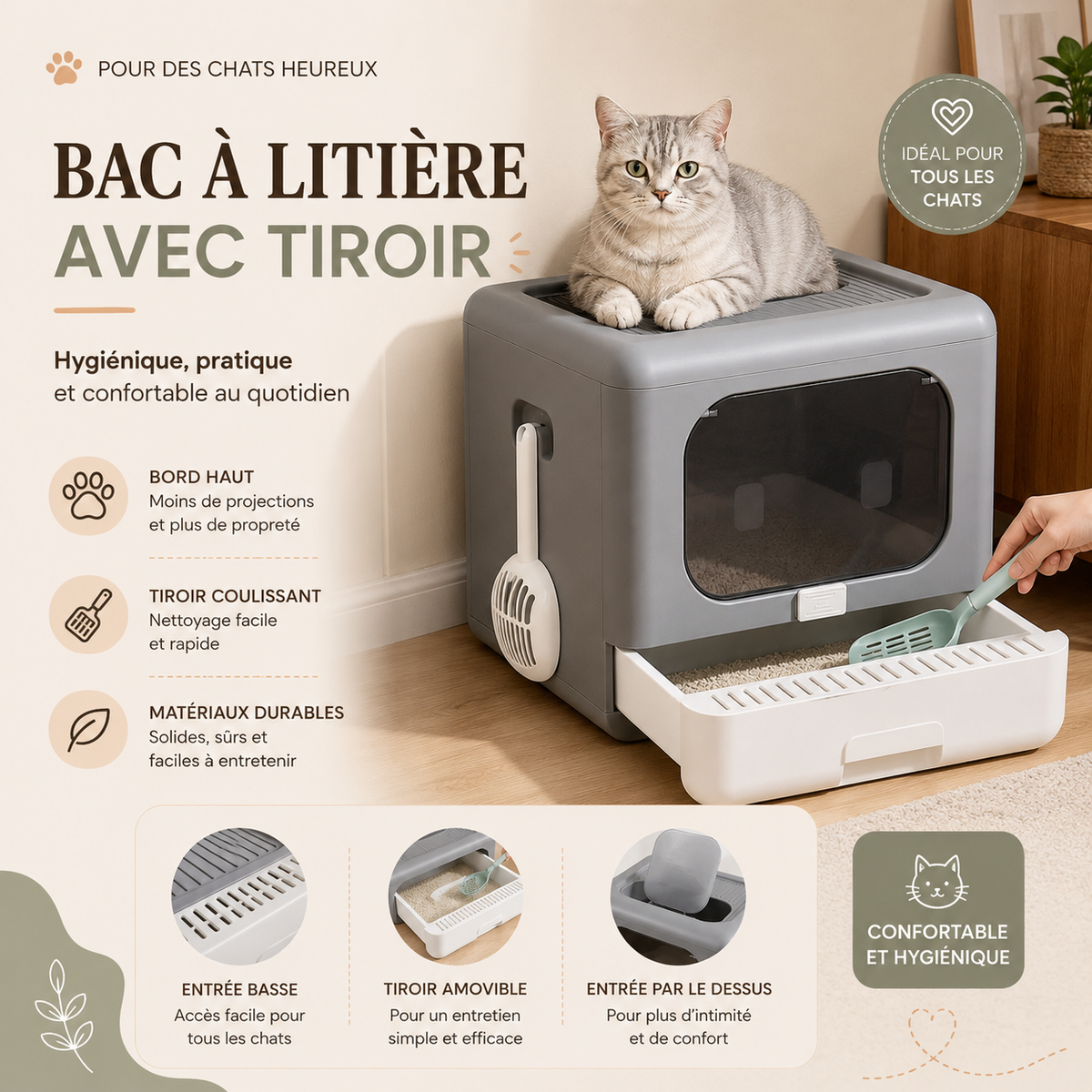 Cat Litter Box with Scoop and Tray Sifting Enclosed Foldable Kitten Toilet Detachable Poop Top Front Entry Pet Supplies