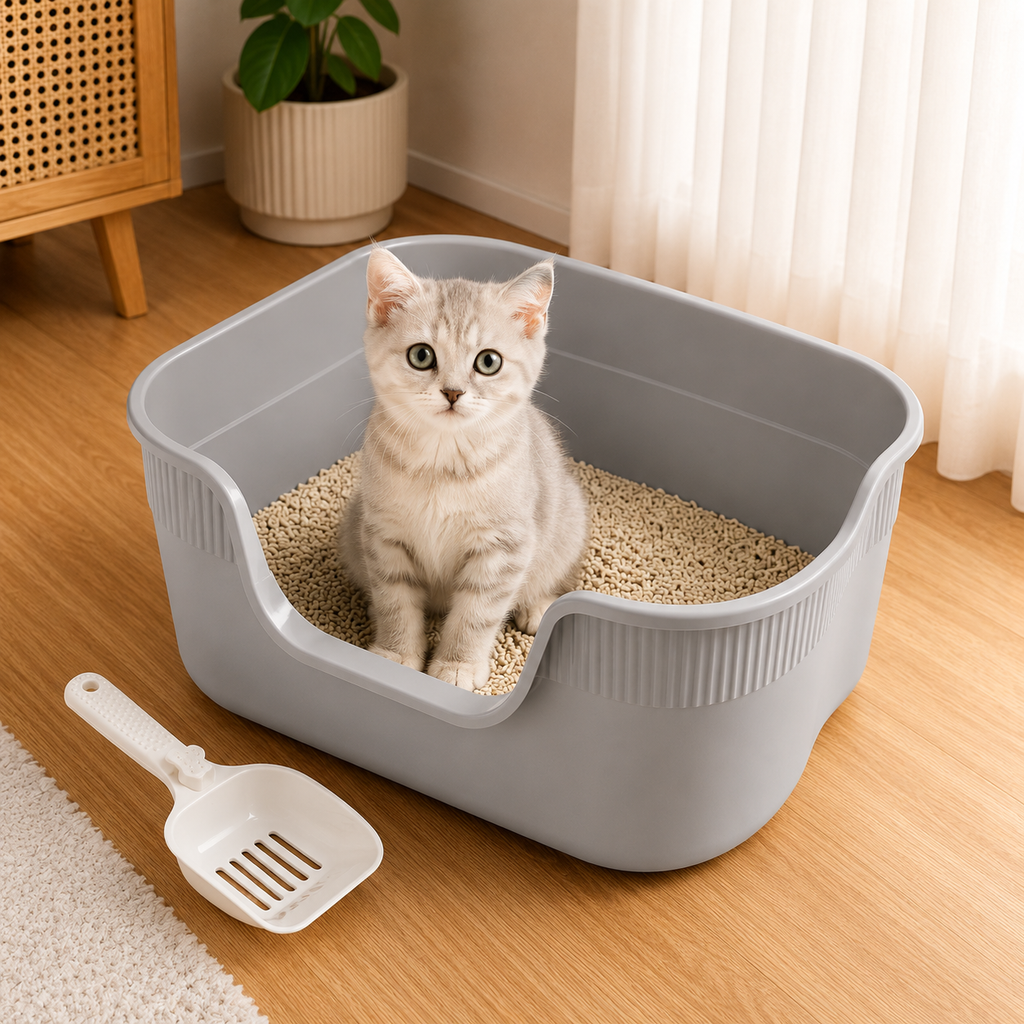 Semi Enclosed Cat Litter Box Anti Splashing Cat Toilet Sand Box with Litter Shovel Pet Bedpan Tray Pet Cleaning Supplies