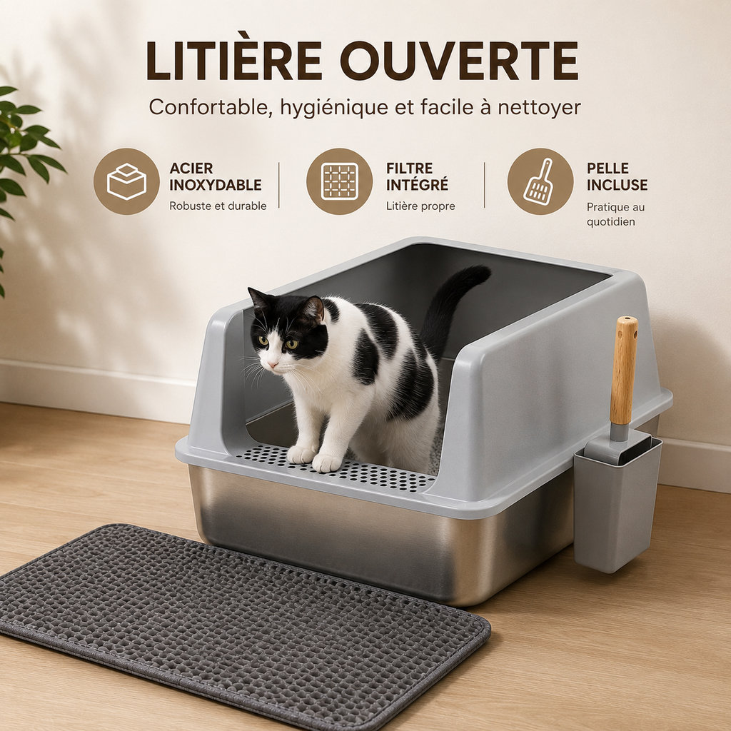 Large Stainless Steel Cat Litter Box High Sided Open Litter Pan with Litter Mat and Scoop for Big Cats Toilets