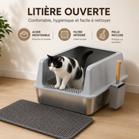 Large Stainless Steel Cat Litter Box High Sided Open Litter Pan with Litter Mat and Scoop for Big Cats Toilets