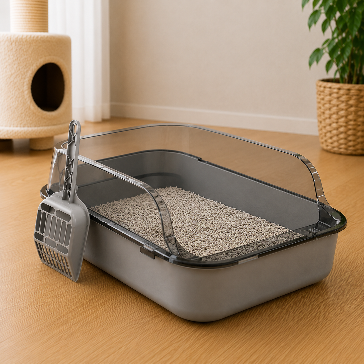 Semi-Enclosed Cat Litter Box Splashproof Kitten Toilet Tray Pet Cleaning Basin with High Sides for Indoor Use