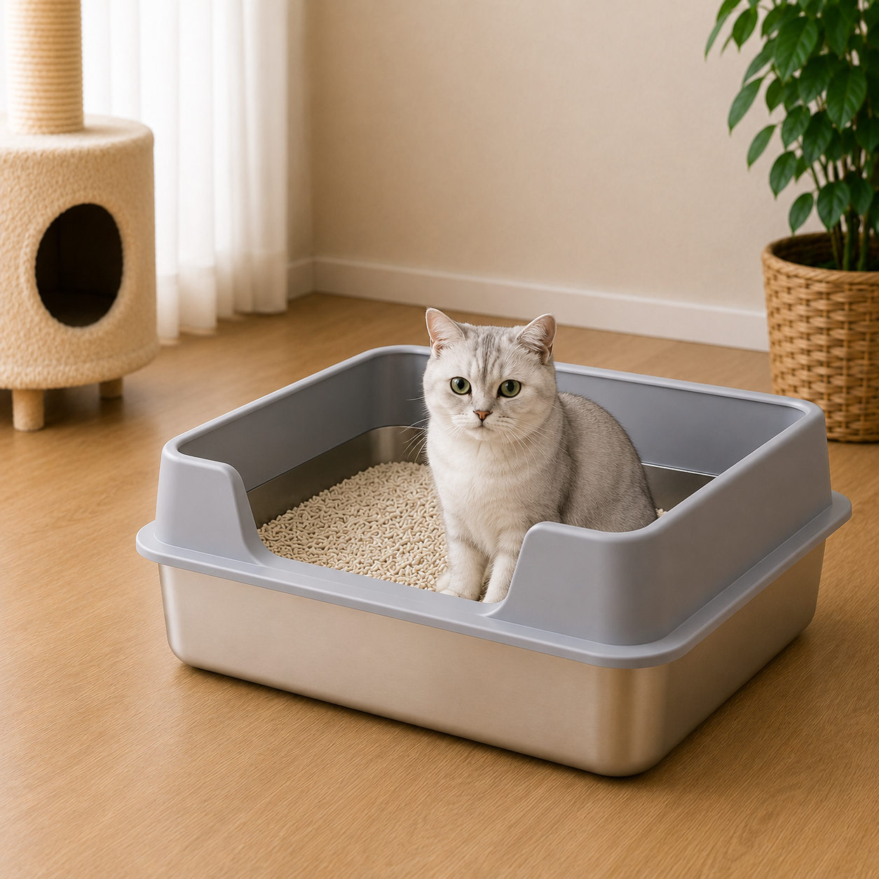 Extra Large Stainless Steel Cat Litter Box with High Wall Enclosure Non-Stick Leak Proof Easy to Clean Includes Lid