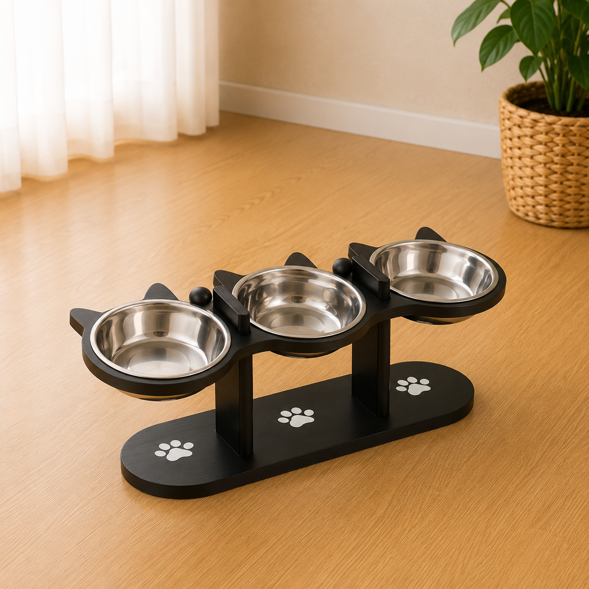 Elevated Cat Food Bowl with Black Wooden Support Frame Stainless Steel Cats Bowls 15° Stand Sloped Feeding & Watering Supplies