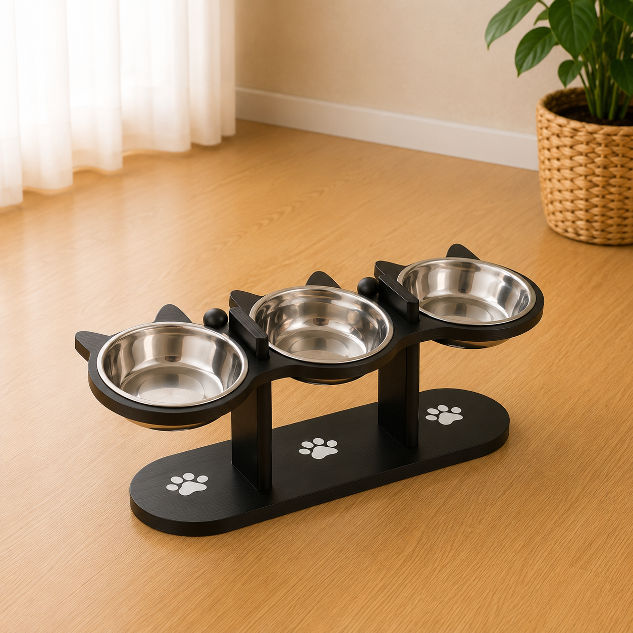 Elevated Cat Food Bowl with Black Wooden Support Frame Stainless Steel Cats Bowls 15° Stand Sloped Feeding & Watering Supplies