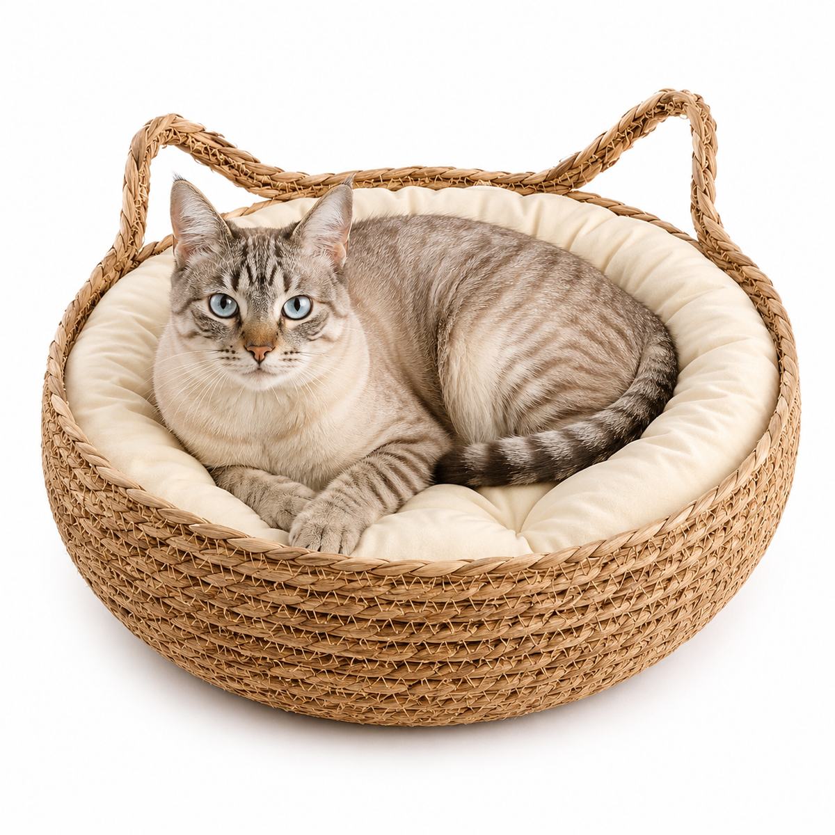 OUZEY Rattan Weaving Cat Basket Pet Cat Bed With Cushion Soft Warm Puppy Kitten Bed Donut Round Comfortable Sleeping Cat House