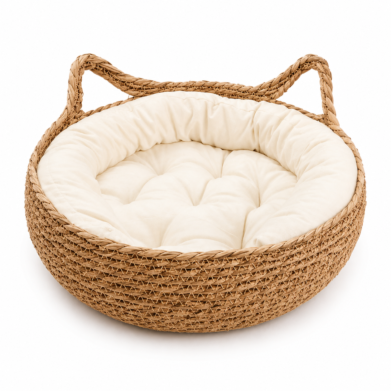 OUZEY Rattan Weaving Cat Basket Pet Cat Bed With Cushion Soft Warm Puppy Kitten Bed Donut Round Comfortable Sleeping Cat House