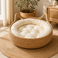 OUZEY Rattan Weaving Cat Basket Pet Cat Bed With Cushion Soft Warm Puppy Kitten Bed Donut Round Comfortable Sleeping Cat House