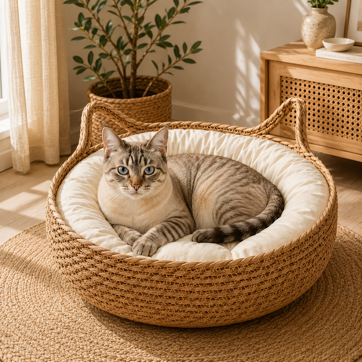OUZEY Rattan Weaving Cat Basket Pet Cat Bed With Cushion Soft Warm Puppy Kitten Bed Donut Round Comfortable Sleeping Cat House
