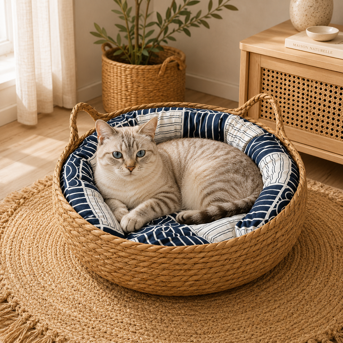OUZEY Rattan Weaving Cat Basket Pet Cat Bed With Cushion Soft Warm Puppy Kitten Bed Donut Round Comfortable Sleeping Cat House