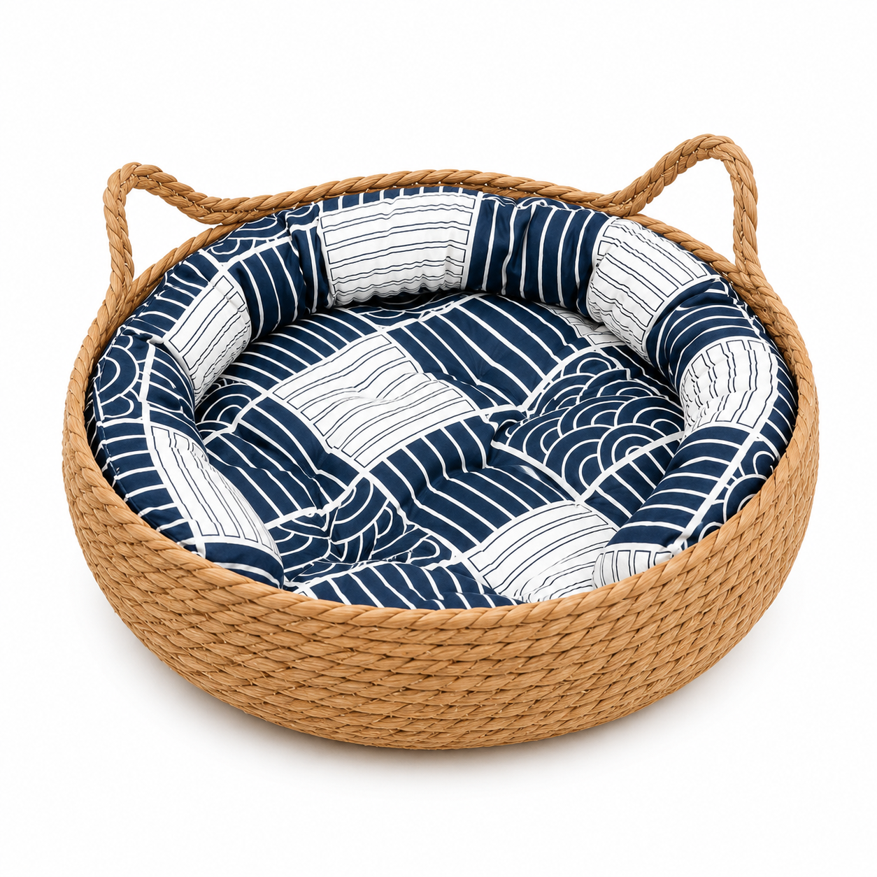 OUZEY Rattan Weaving Cat Basket Pet Cat Bed With Cushion Soft Warm Puppy Kitten Bed Donut Round Comfortable Sleeping Cat House