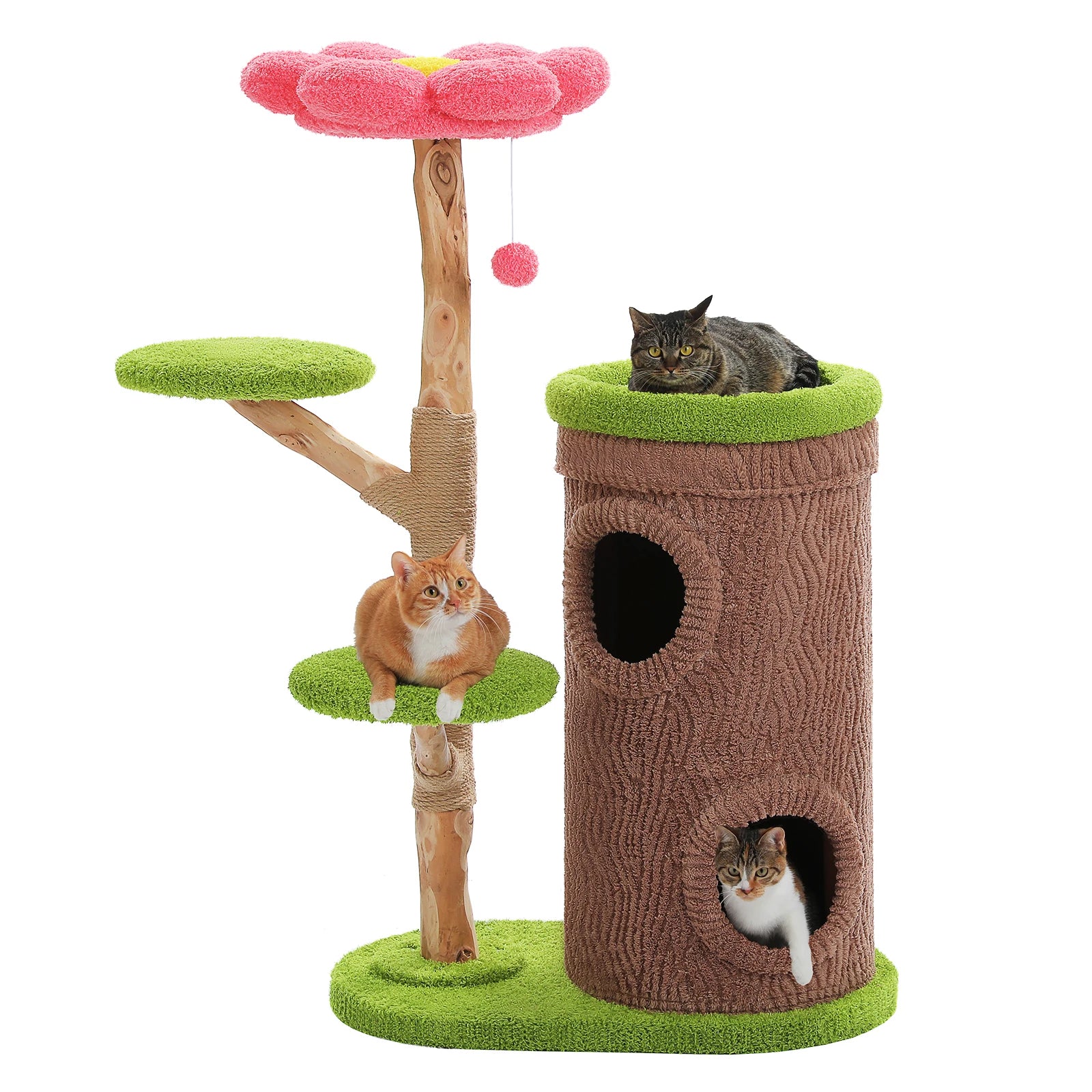 Wood Cat Tree with Cozy Condos Natural Scratching Posts Flower Perch Modern Cat Tower for Indoor Multi-Level Cat House Cat Toys