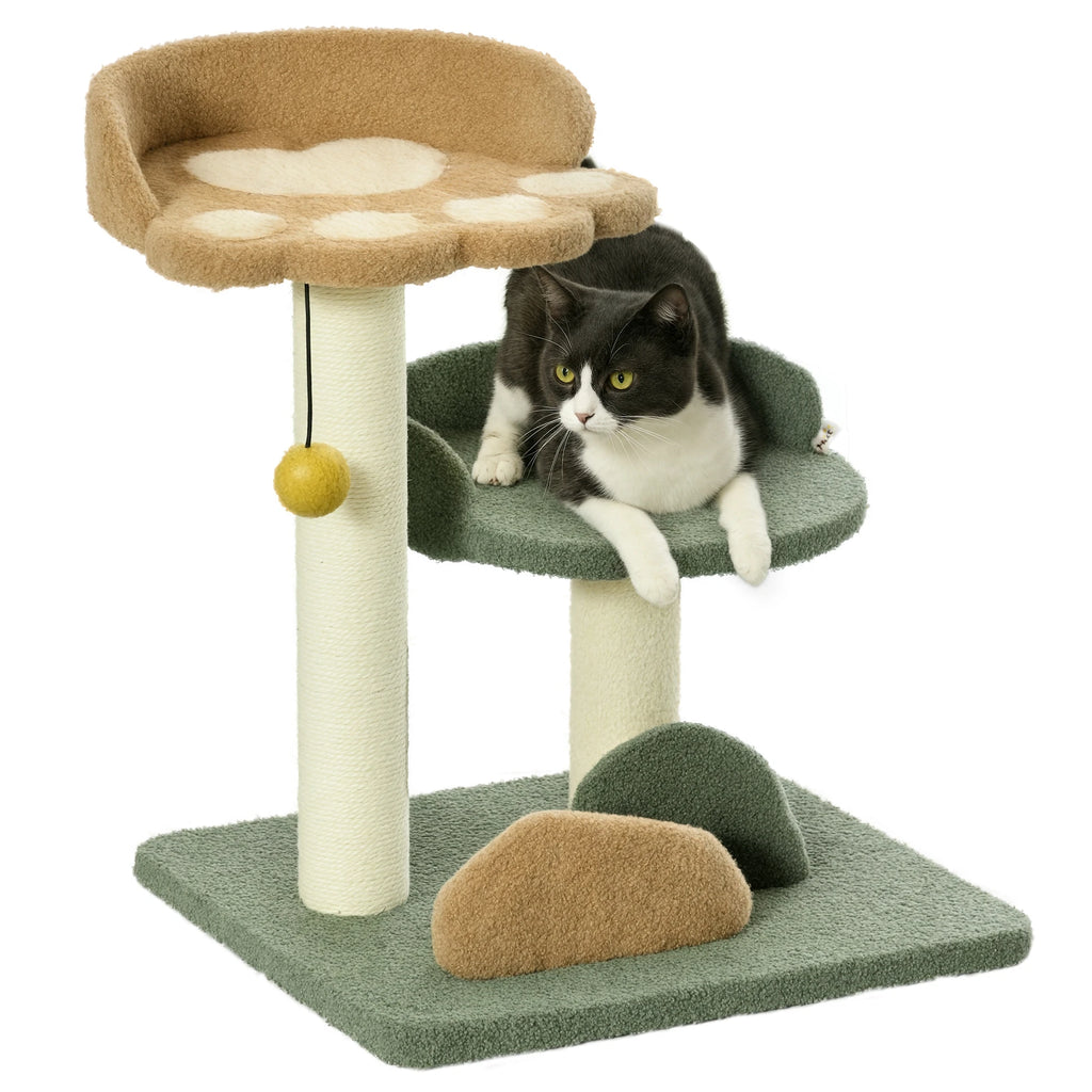 PawHut Scratching Post 52cm Cat Scratching Post Climbing Tree with 2 Levels, Sisal Play Ball