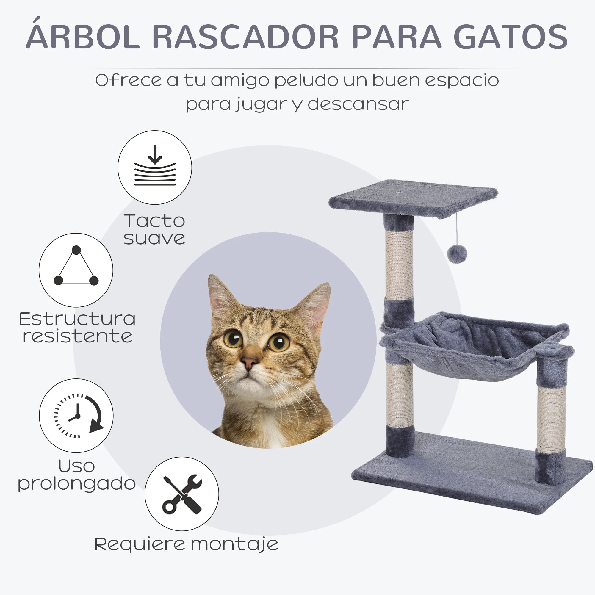 Pawhut Cat Scratching Tree Cat Tower 50X36X70 cm Activity Center with Hammock Platform Gray Sisal Posts